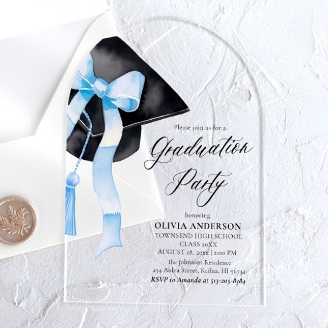 Modern Trendy Stylish Blue Bow Graduation Arched Acrylic Invitations (Creator Uploaded)