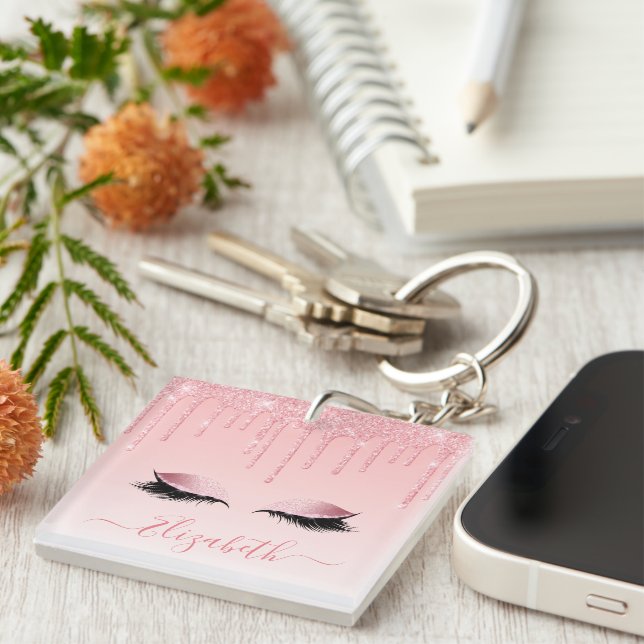 Modern Trendy Stylish Pink Glitter Lashes Keychain (Front Right)