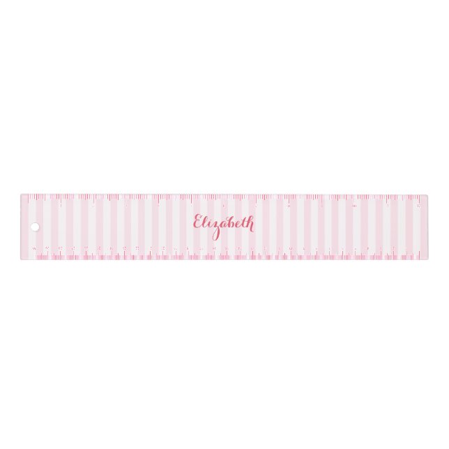 Modern Trendy Stylish Pink White Stripes Monogram Ruler (Front)