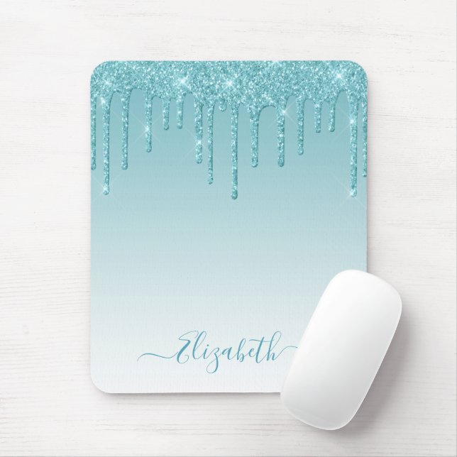 Modern Trendy Stylish Script Aqua Glitter Mouse Pad (With Mouse)