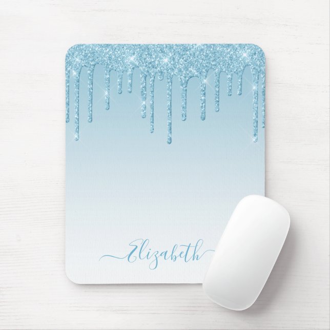 Modern Trendy Stylish Script Light Blue Glitter Mouse Pad (With Mouse)