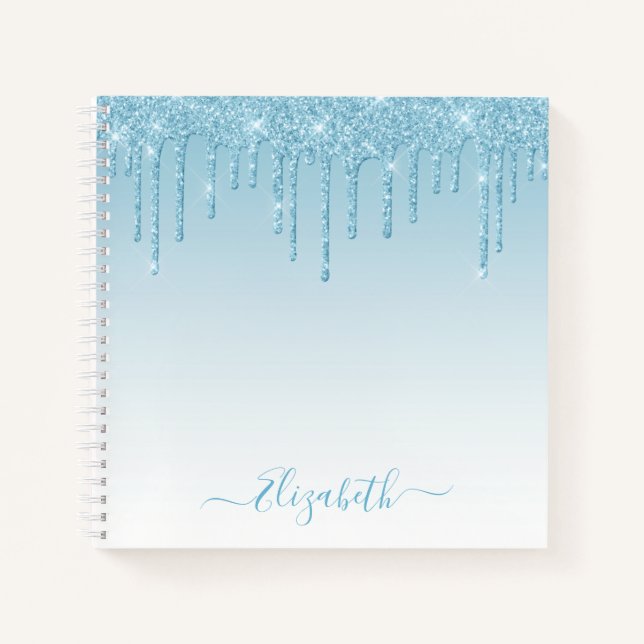 Modern Trendy Stylish Script Light Blue Glitter Notebook (Front)