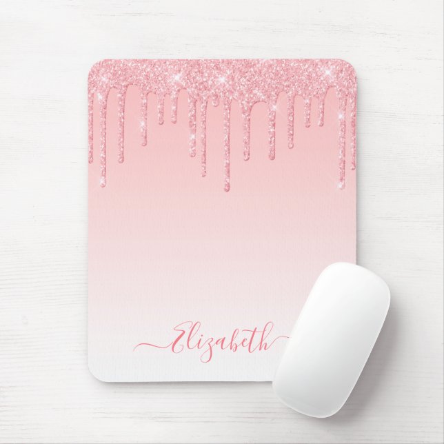 Modern Trendy Stylish Script Pink Blush Glitter Mouse Pad (With Mouse)