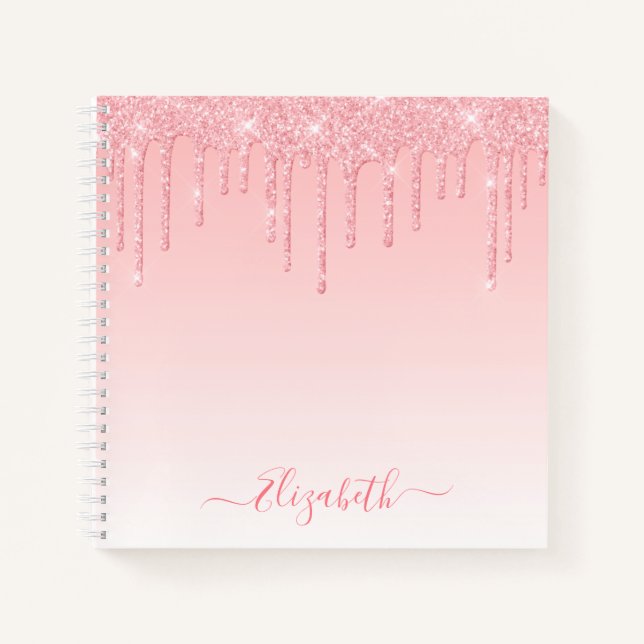 Modern Trendy Stylish Script Pink Blush Glitter Notebook (Front)