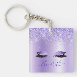 Modern Trendy Stylish Script Purple Glitter Lashes Keychain