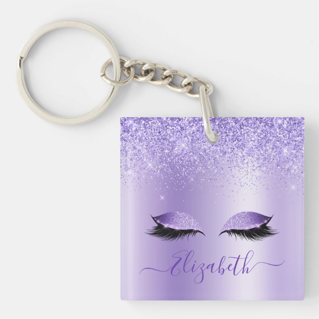 Modern Trendy Stylish Script Purple Glitter Lashes Keychain (Front)