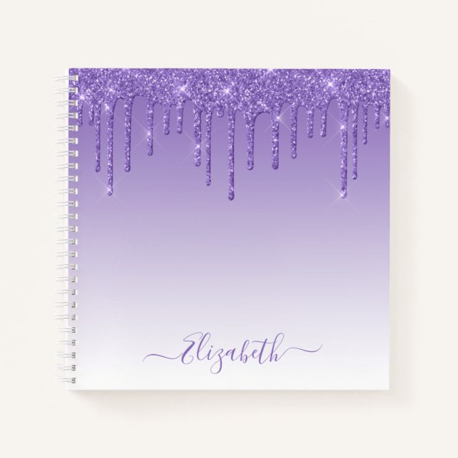 Modern Trendy Stylish Script Purple Glitter Notebook (Front)