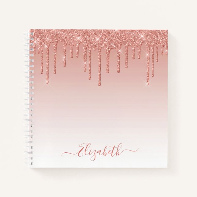 Modern Trendy Stylish Script Rose Gold Glitter Notebook (Front)