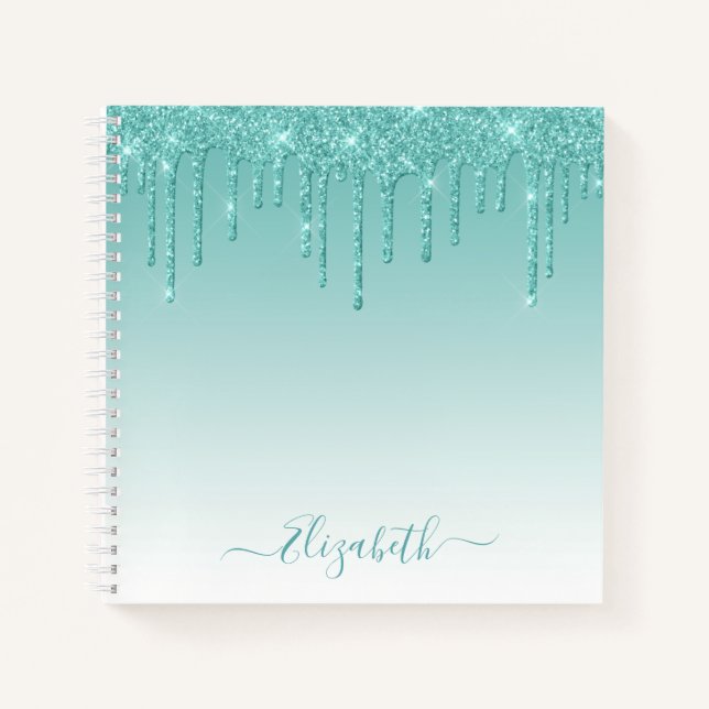 Modern Trendy Stylish Script Teal Glitter Notebook (Front)