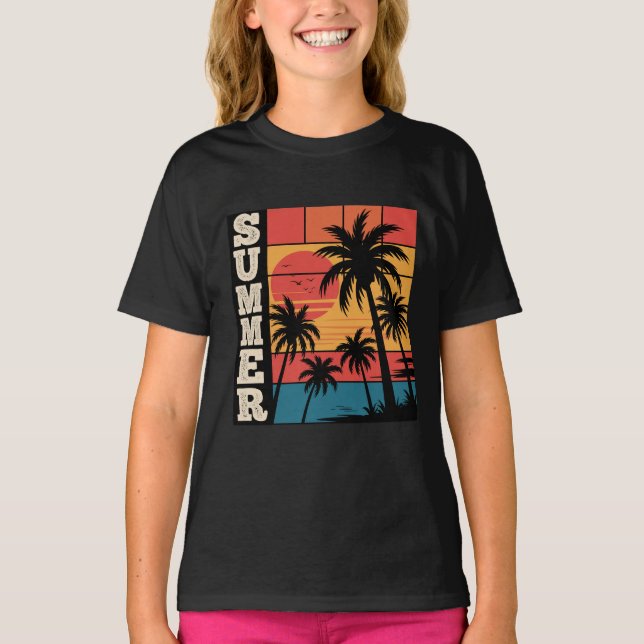 Modern Trendy Summer Sunset Beach Palm Tree        T-Shirt (Front)