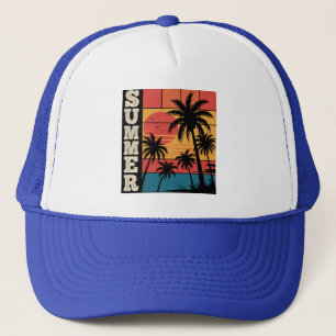 Modern Trendy Summer Sunset Beach Palm Tree Trucker Hat