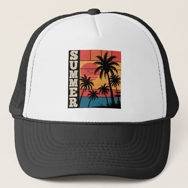 Modern Trendy Summer Sunset Beach Palm Tree        Trucker Hat (Front)