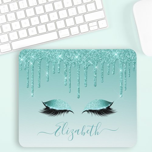 Modern Trendy Teal Glitter Lashes Stylish Script Mouse Pad