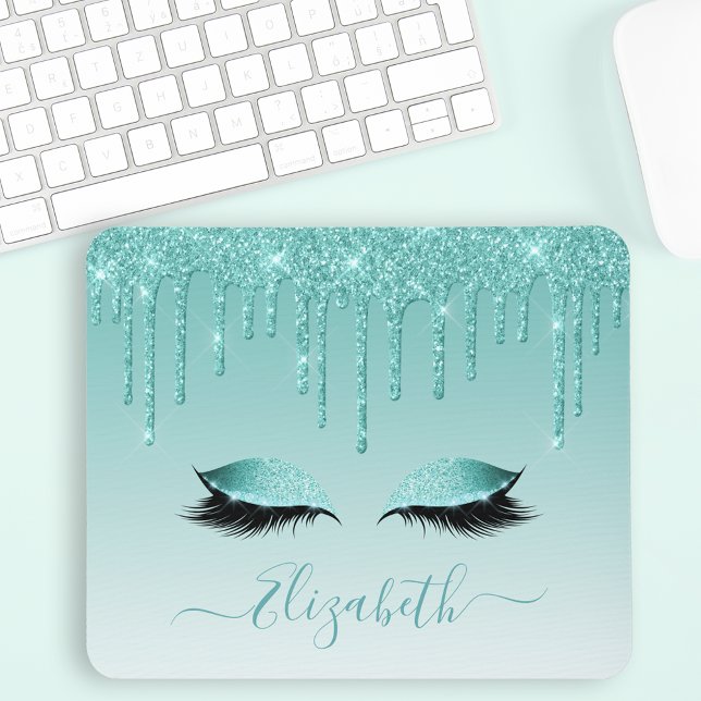 Modern Trendy Teal Glitter Lashes Stylish Script Mouse Pad (Customize to change text color, text style or to add more text.)