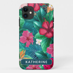 Modern trendy tropical flowers and leaves Monogram iPhone 11 Case