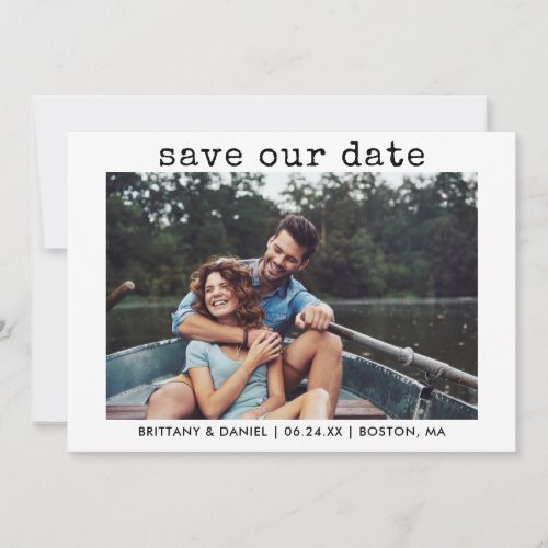 Modern Trendy Typewriter Text Our Date Photo Save The Date