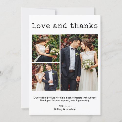 Modern Trendy Typewriter Text Wedding 3 Photo  Thank You Card