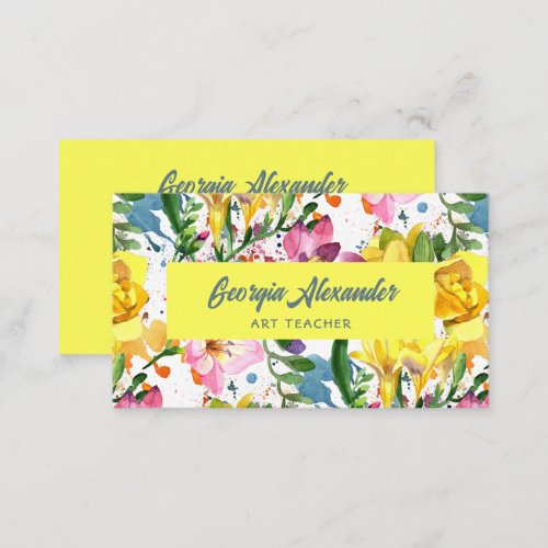 Modern Trendy Watercolor Floral Art Teacher Business Card