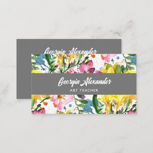 Modern Trendy Watercolor Floral Art Teacher Business Card