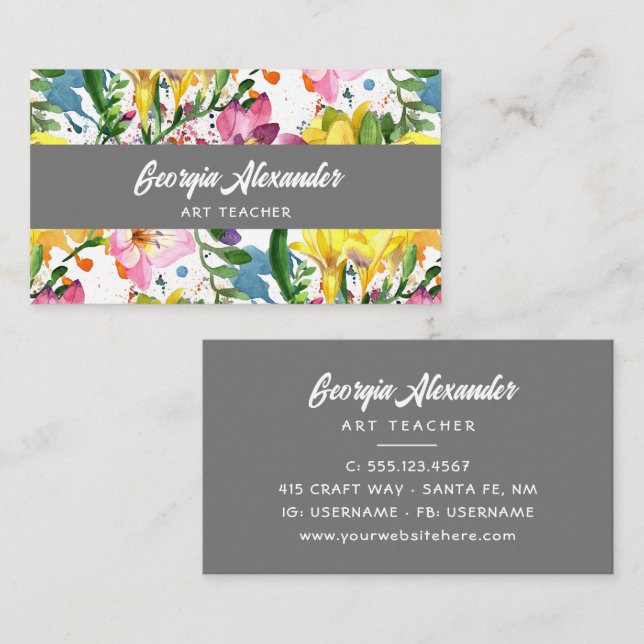 Modern Trendy Watercolor Floral Art Teacher Business Card (Front/Back)