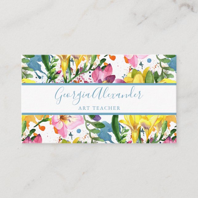 Modern Trendy Watercolor Floral Art Teacher Business Card (Front)