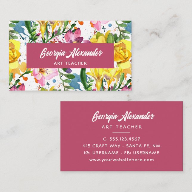 Modern Trendy Watercolor Floral Art Teacher Business Card (Front/Back)