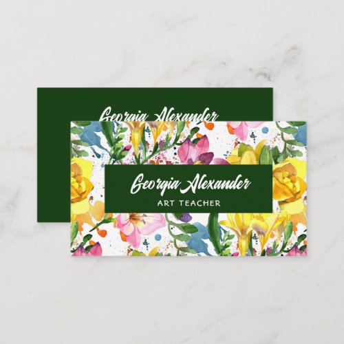 Modern Trendy Watercolor Floral Art Teacher Business Card