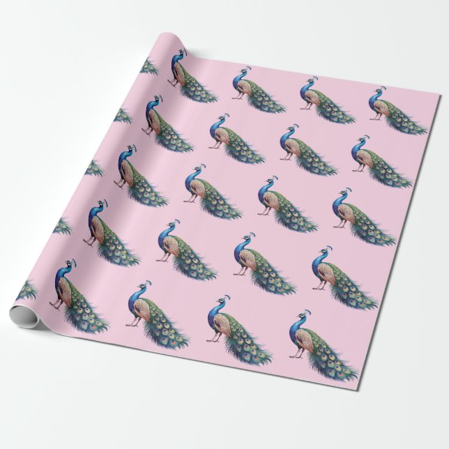Modern Trendy Watercolor Peacock Pattern Wrapping Paper (Unrolled)