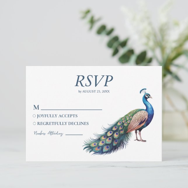 Modern Trendy Watercolor Peacock  RSVP Card (Standing Front)
