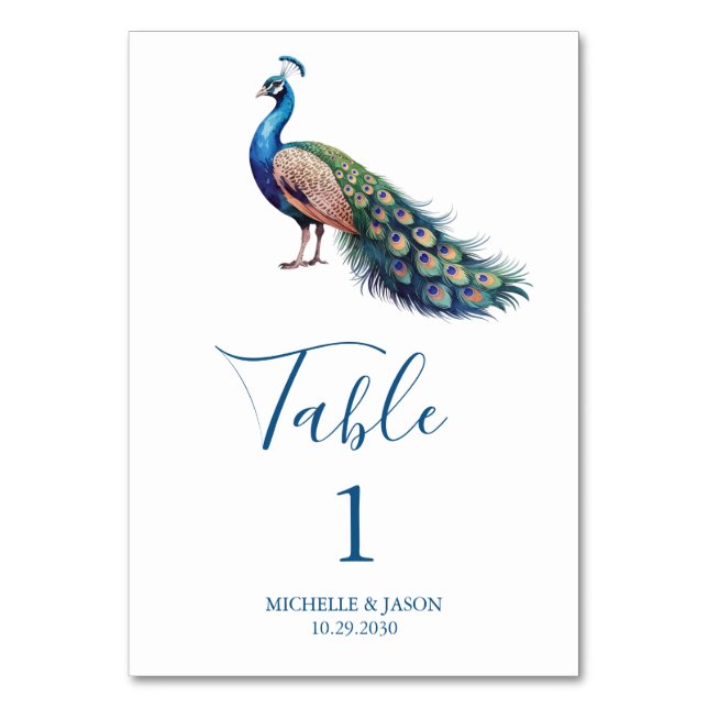 Modern Trendy Watercolor Peacock Wedding           Table Number (Front)