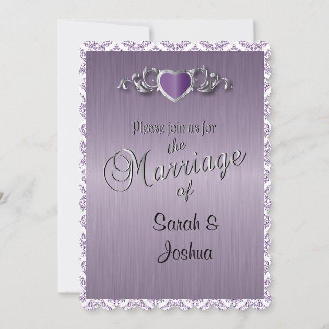 Modern Trendy Wedding in a Amethyst Purple Damask Invitation (Back)