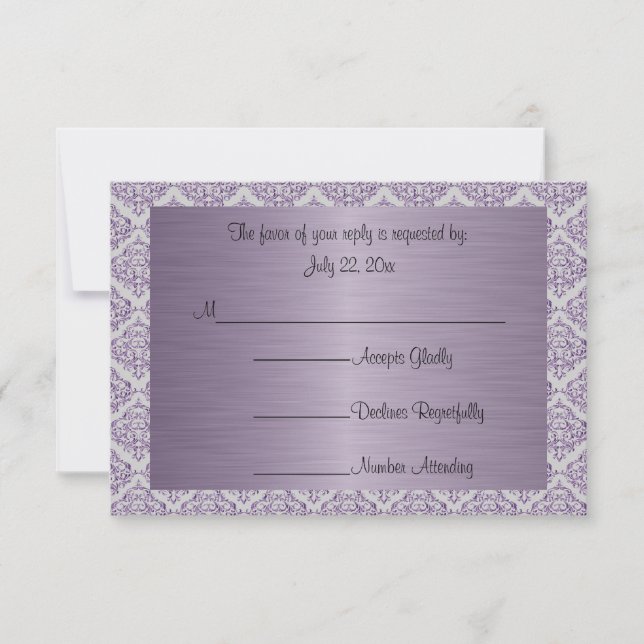 Modern Trendy Wedding in a Amethyst Purple Damask RSVP Card (Front)