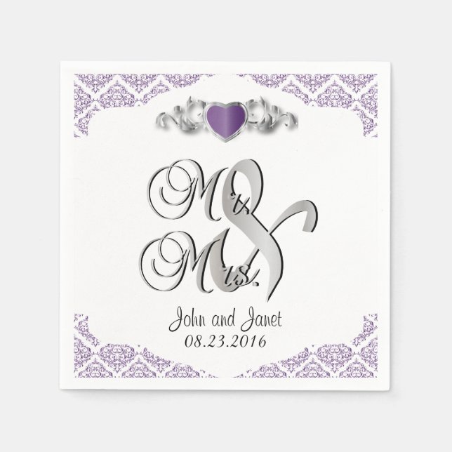 Modern Trendy Wedding in a Purple Damask Napkins (Front)
