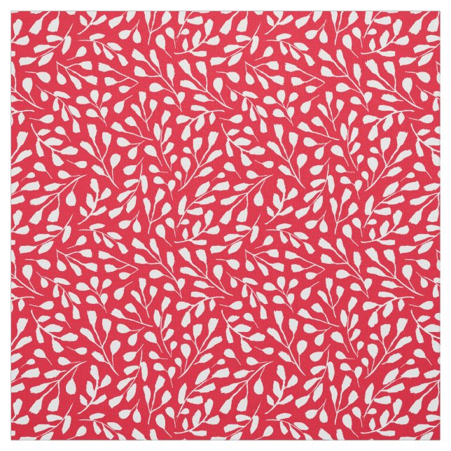 Modern Trendy White Botanical Leaf Pattern on Red Fabric (Swatch)