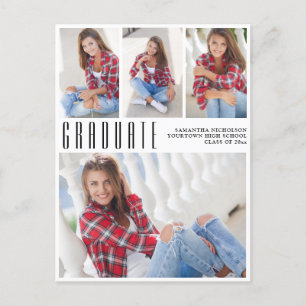 Modern Trendy White Graduation 4 Photo Collage Invitation Postcard