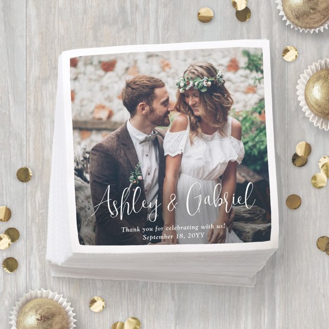 Modern Trendy White Script Photo Overlay Wedding Napkins (Creator Uploaded)