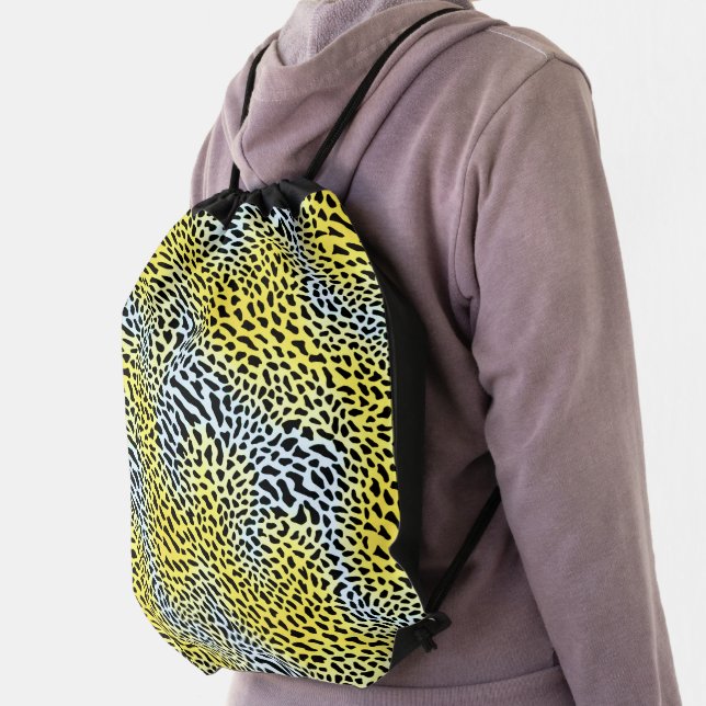 Modern Trendy Wild Yellow Black Leopard Pattern Drawstring Bag (Insitu)