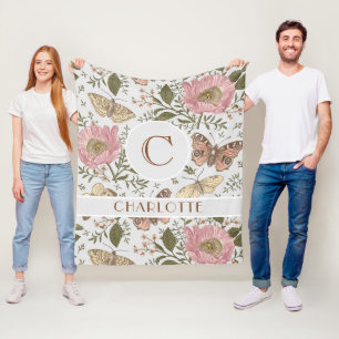 Modern Trendy Wildflower Botanical Floral Monogram Fleece Blanket