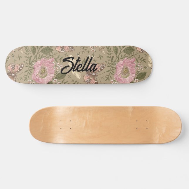 Modern Trendy Wildflower Botanical Floral Monogram Skateboard (Horz)