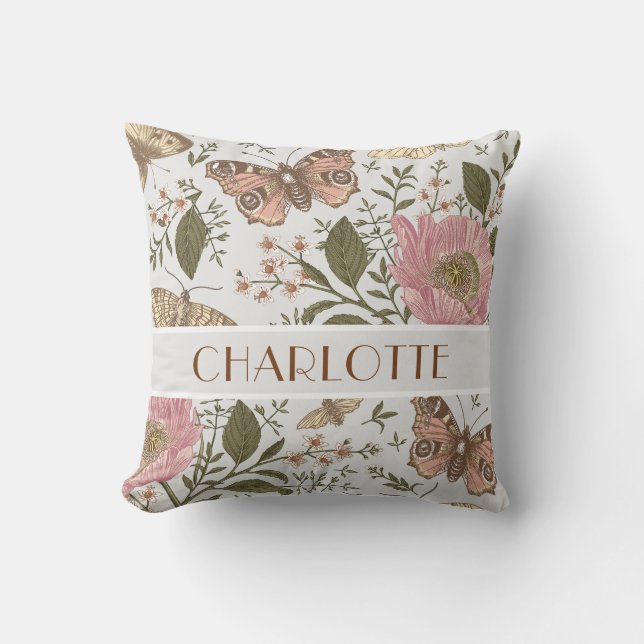 Modern Trendy Wildflower Botanical Floral Monogram Throw Pillow (Front)