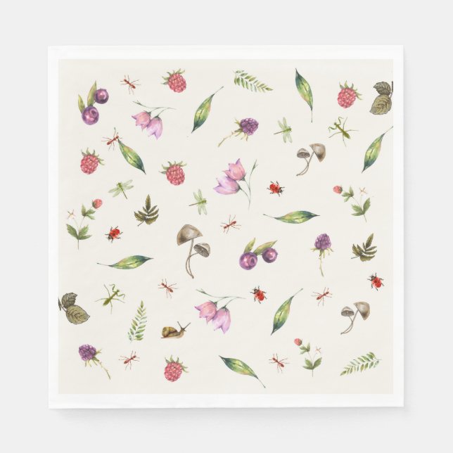Modern Trendy Woodland Wildflowers Insects Napkins (Front)