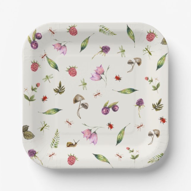 Modern Trendy Woodland Wildflowers Insects Paper Plates (Front)