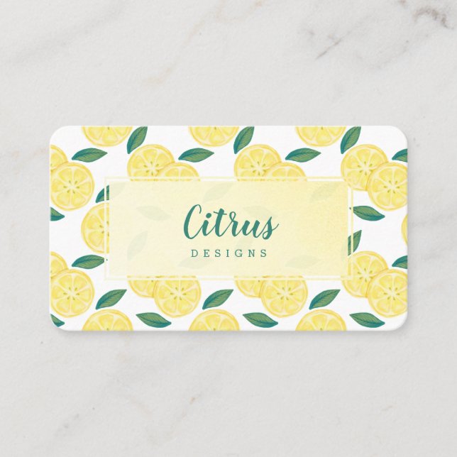 Modern Trendy Yellow Citrus Lemon Fruit Pattern Business Card (Front)