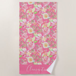 Modern Trendy Yellow Pink Floral Watercolor Beach Towel