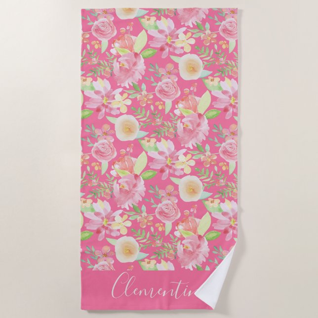 Modern Trendy Yellow Pink Floral Watercolor Beach Towel (Front)