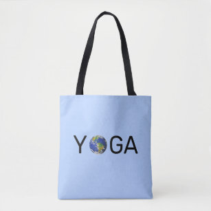 Modern trendy yoga earth on light blue tote bag