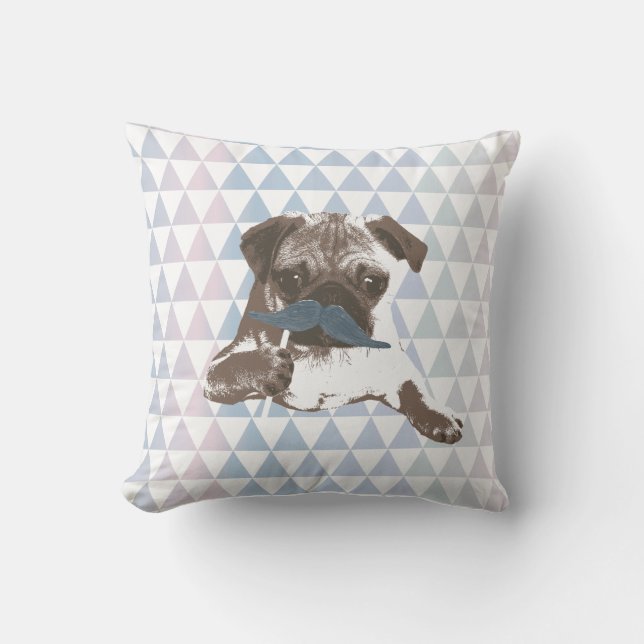 Modern Triangle Pattern Blue Mustache Pug Throw Pillow (Front)