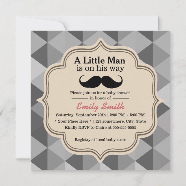 Modern Triangle Quilts Mustache Boy Baby Shower Invitation (Front)