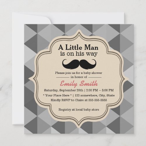 Modern Triangle Quilts Mustache Boy Baby Shower 5.25x5.25 Square Paper Invitation Car...