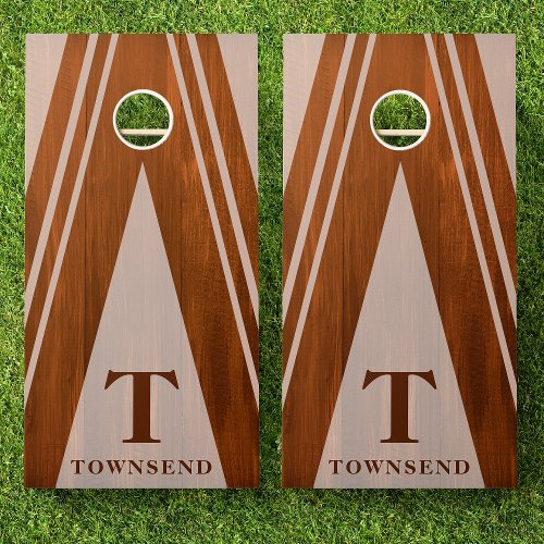 Modern Triangle Stripes Chestnut Wood Family Name Cornhole Set